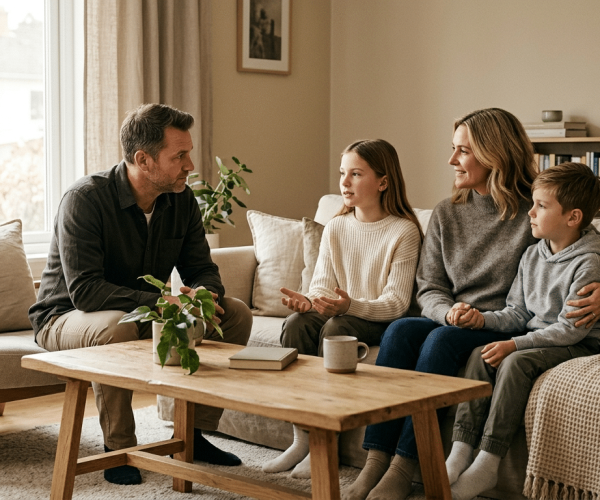 Límites: Familia dialogando con calma y respeto en casa