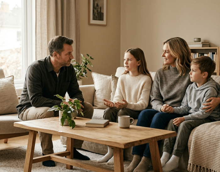 Límites: Familia dialogando con calma y respeto en casa