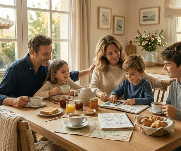 Familia feliz practicando la gratitud en casa