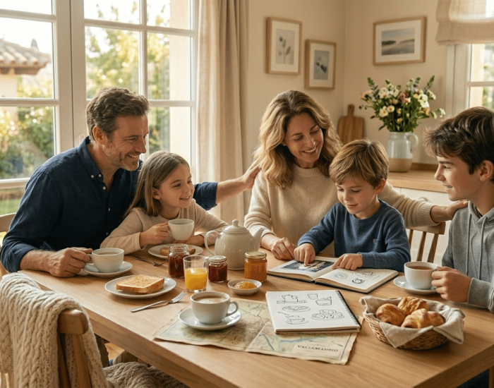 Familia feliz practicando la gratitud en casa
