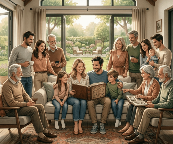 Familia nuclear y extendida conviviendo en armonía con equilibrio y comunicación_ImagenGeneradaconIA_Gemini