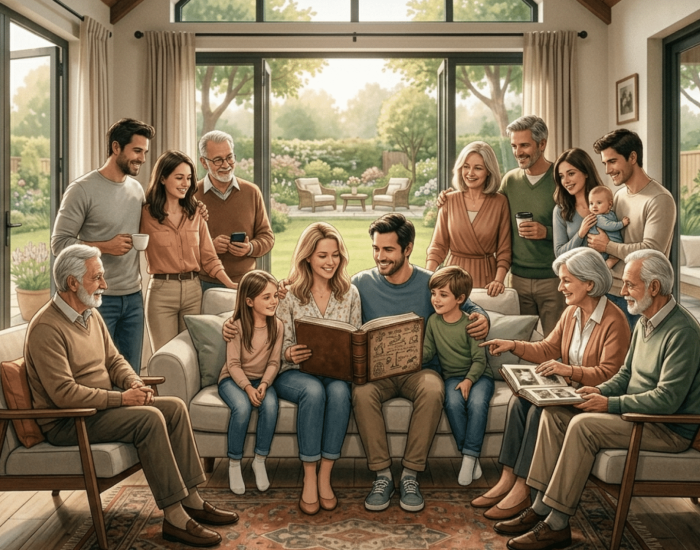 Familia nuclear y extendida conviviendo en armonía con equilibrio y comunicación_ImagenGeneradaconIA_Gemini