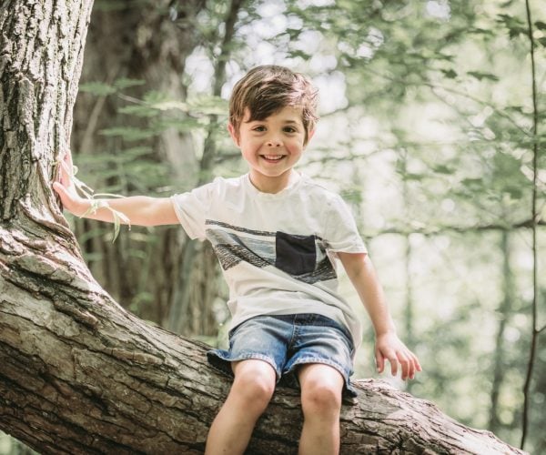 A happy 5-year-old little boy in green sunny garden
