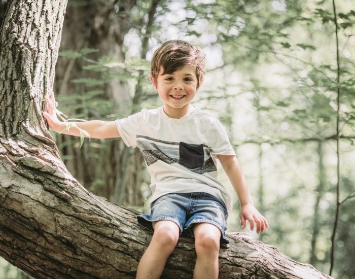 A happy 5-year-old little boy in green sunny garden