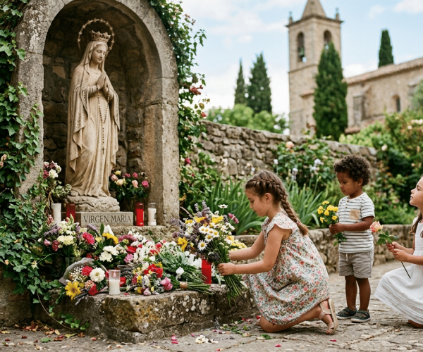 Mes de mayo: mes de la Virgen María. 6 costumbres para acercar a nuestra familia a la Virgen María. Imagen creada con Gemini