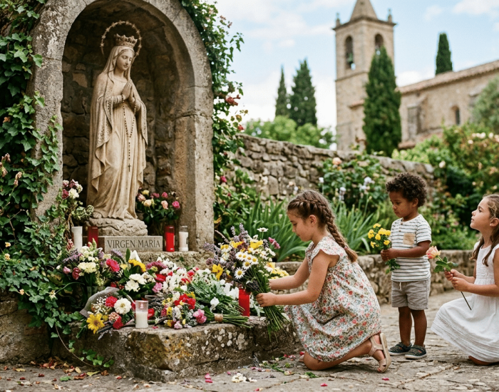 Mes de mayo: mes de la Virgen María. 6 costumbres para acercar a nuestra familia a la Virgen María. Imagen creada con Gemini
